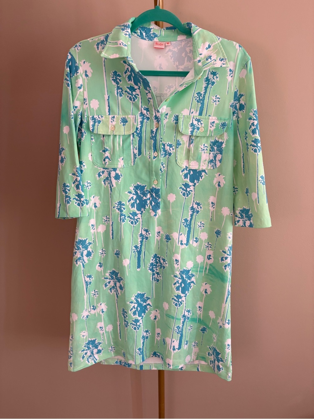 Persifor Winpenny Mint Green Palm-Print Shirt Mini Dress